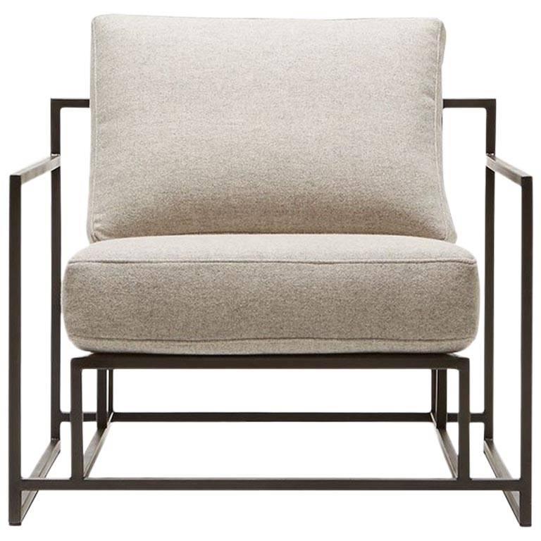 Grey Wool and Blackened Steel Armchair For Sale