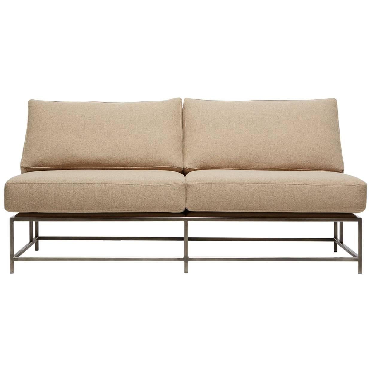 Tan Wool and Antique Nickel Loveseat For Sale