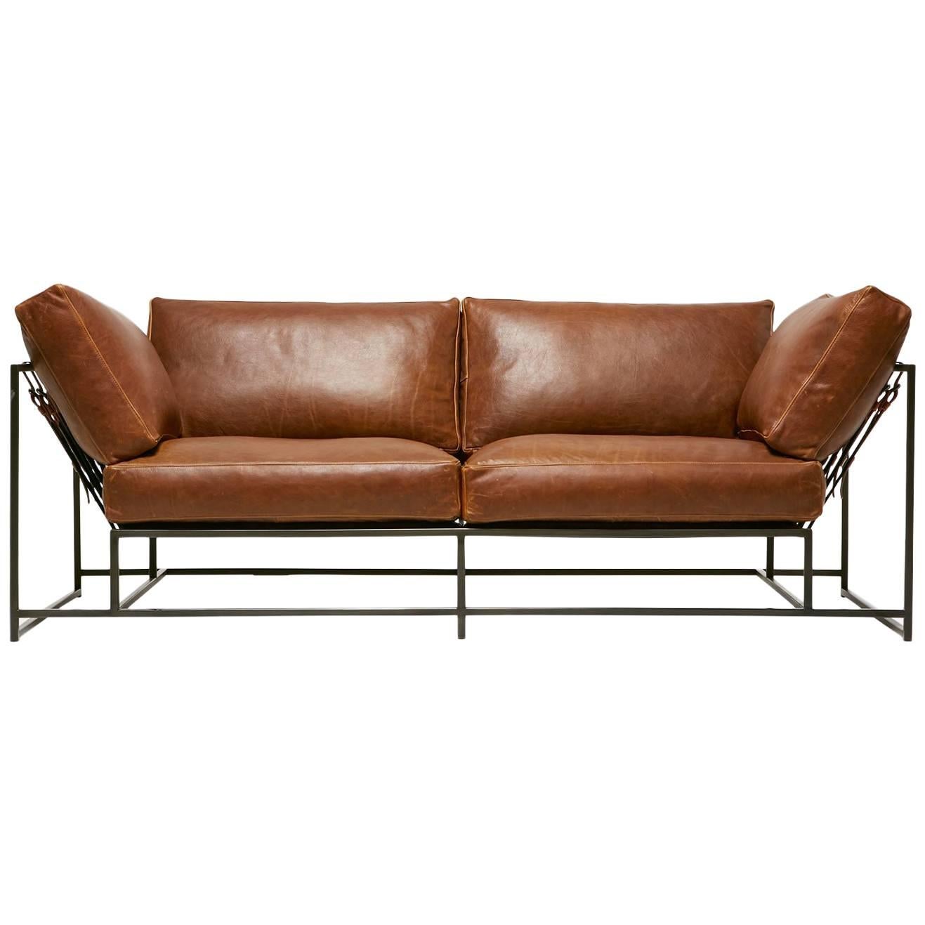 Potomac Leather and Blackened Steel Two-Seat Sofa