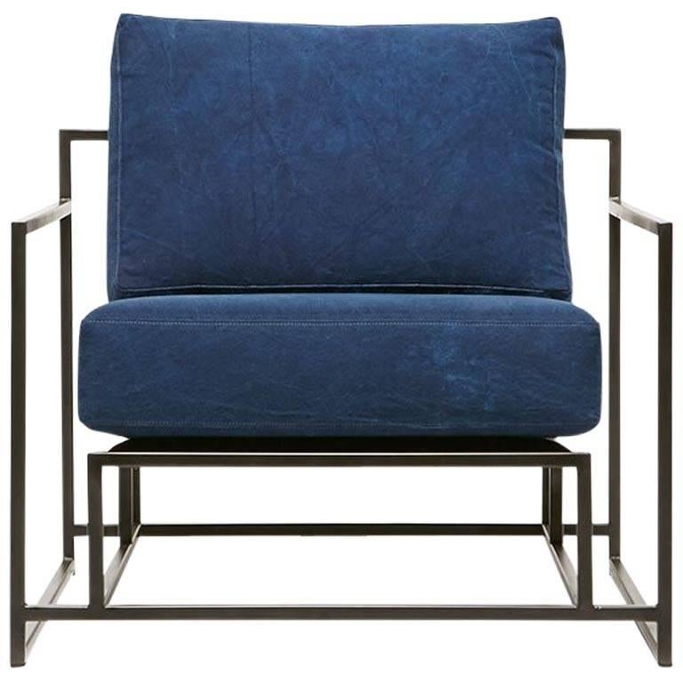 Hand-Dyed Indigo Canvas and Blackened Steel Armchair For Sale