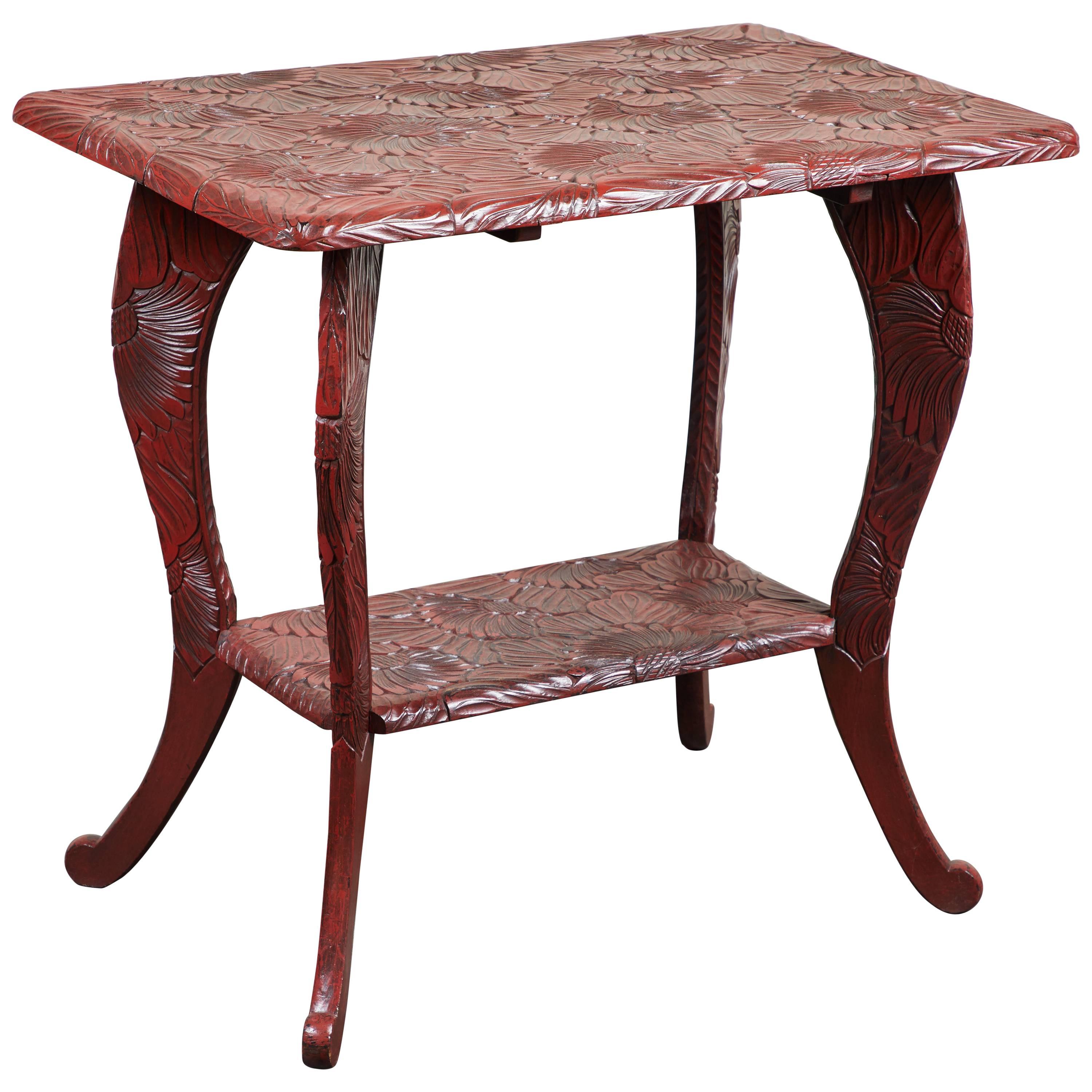 20th Century Carved Red Lacquer End Table