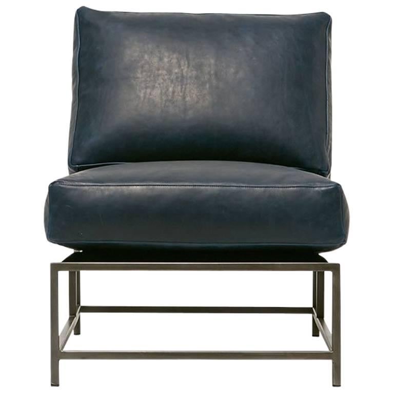 Navy Leather and Antique Nickel Chair For Sale