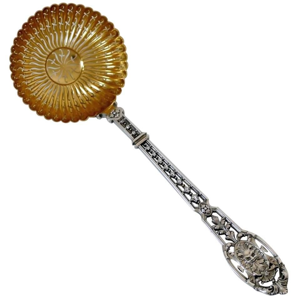 Puiforcat Masterpiece French Sterling Silver Gold Sugar Sifter Spoon, Mascaron For Sale