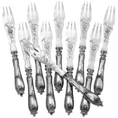 Ravinet D'Enfert Rare French Sterling Silver Melon Forks Set, Rococo