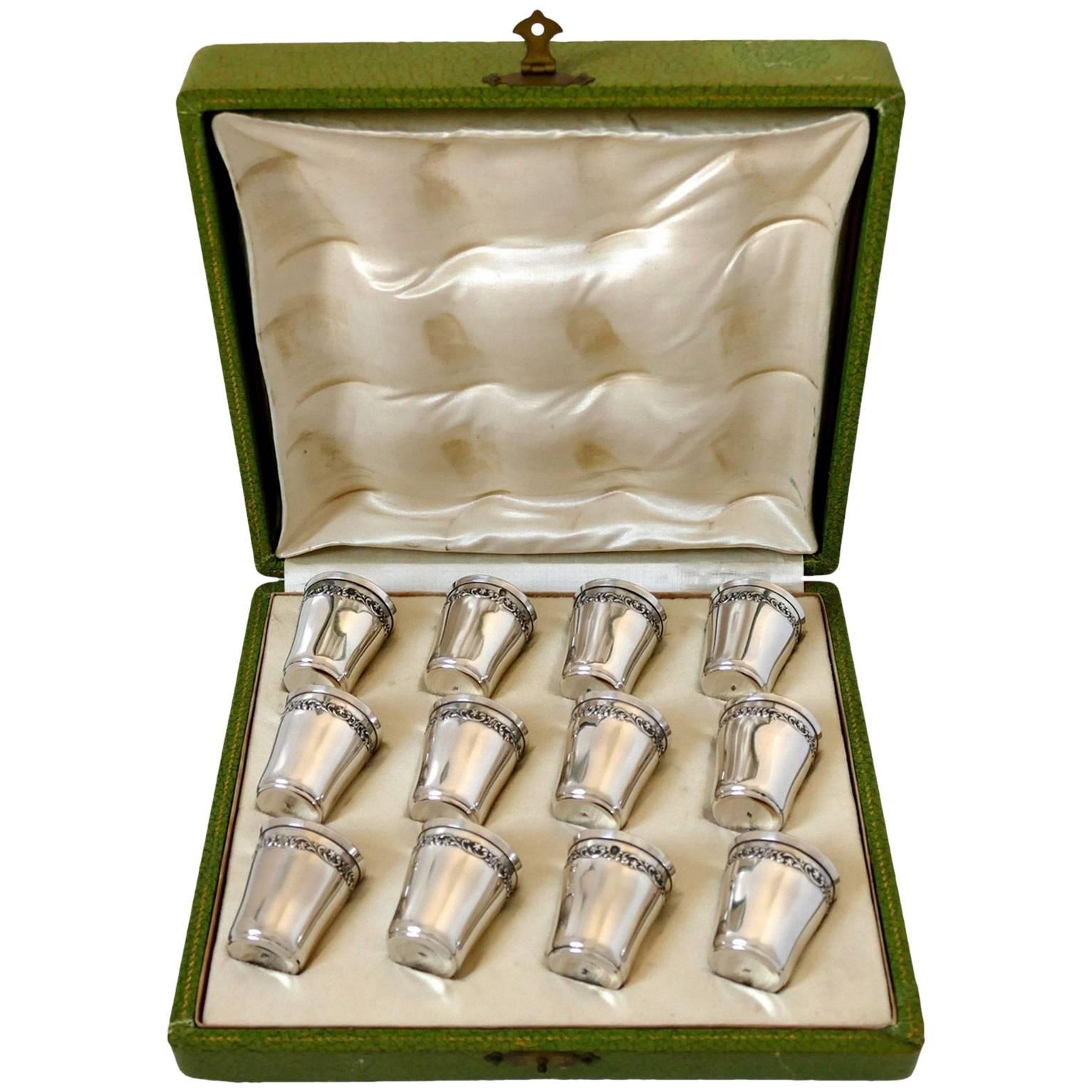 Antique French Sterling Silver 18-Karat Gold Liquor Cups 12 Pieces, Original Box For Sale
