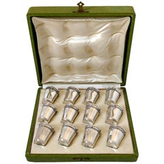 Antique French Sterling Silver 18-Karat Gold Liquor Cups 12 Pieces, Original Box