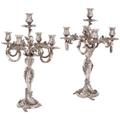 Antique Pair of Rococo Style French Silvered Bronze Candelabra