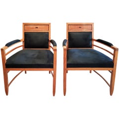 Vintage Modernist Art Deco Oak Geometric Carver Armchairs in the Manner of Heals