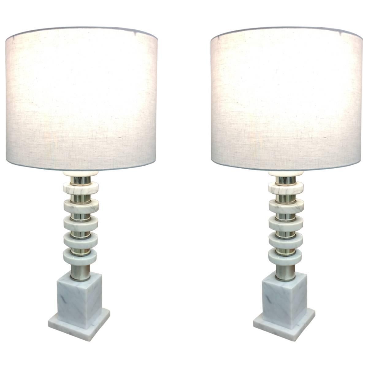 Pair of Handsome Italian Mid-Century Modern Marble and Chrome Lamps For Sale