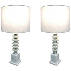 Vintage Pair of Handsome Italian Mid-Century Modern Marble and Chrome Lamps