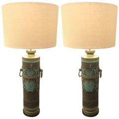 Pair of Ornate Embossed Metal Table Lamps