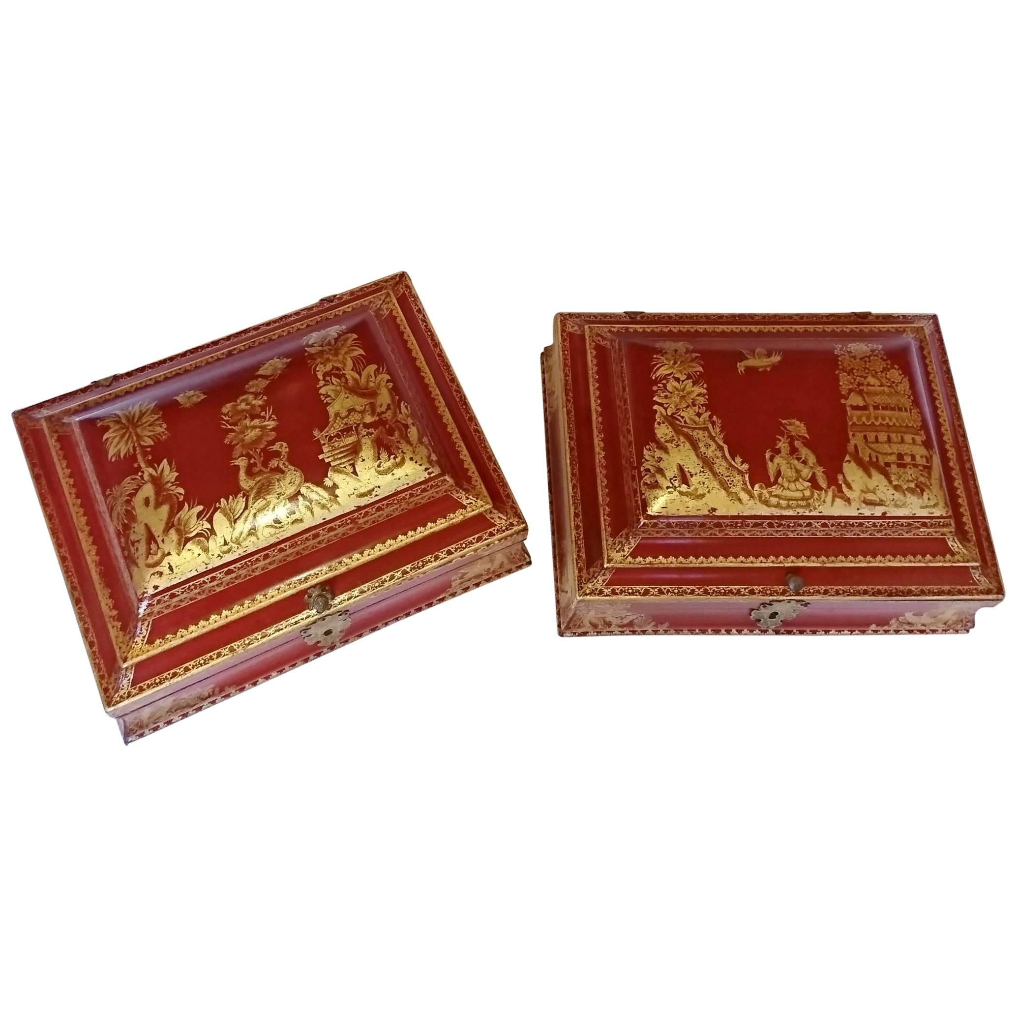 Pair of French Louis XV Period Red and Gold Lacquer Chinoiserie Wig Boxes