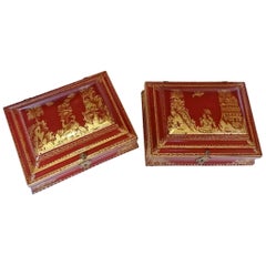 Pair of French Louis XV Period Red and Gold Lacquer Chinoiserie Wig Boxes