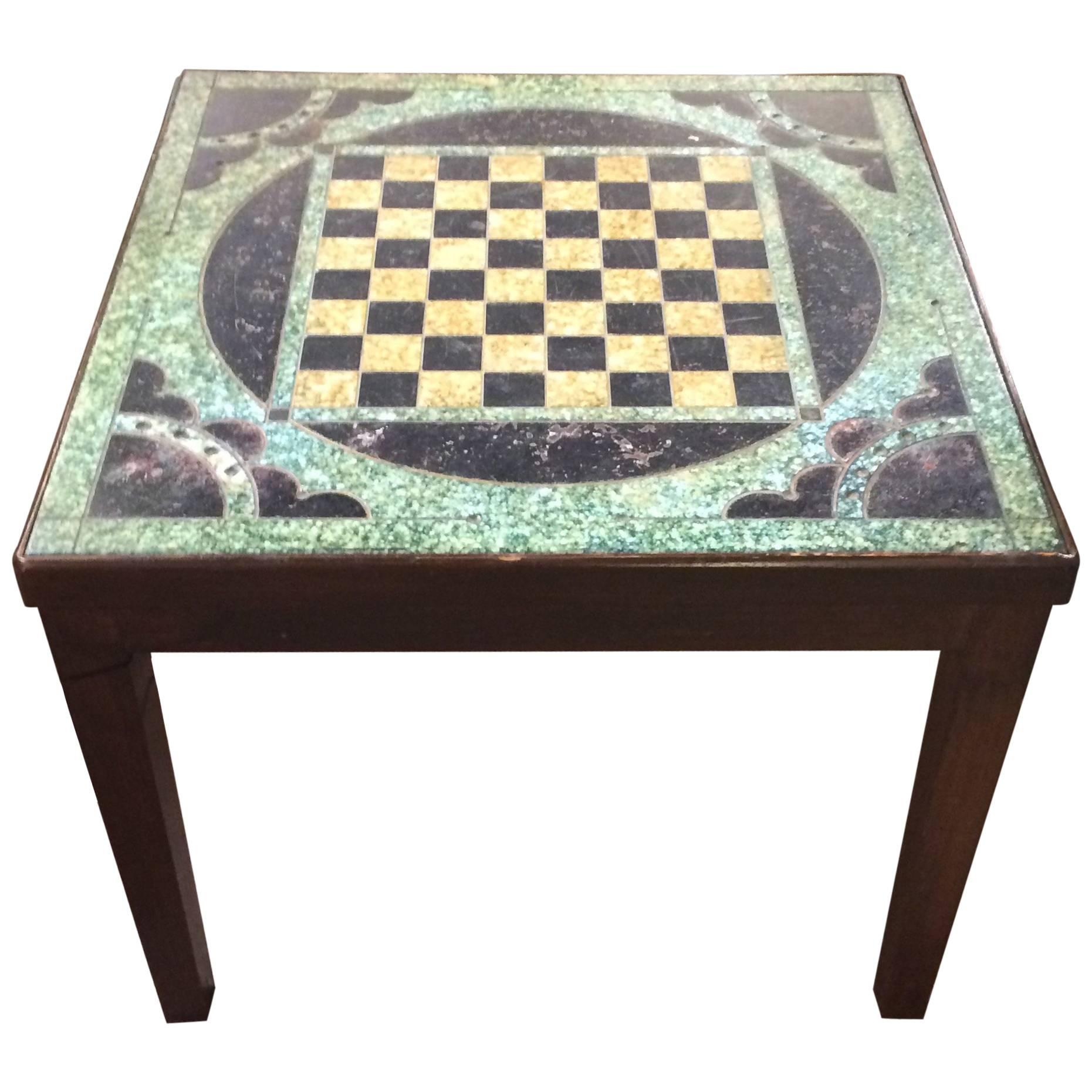 Wooden and Slate Game Board Motife Side Table