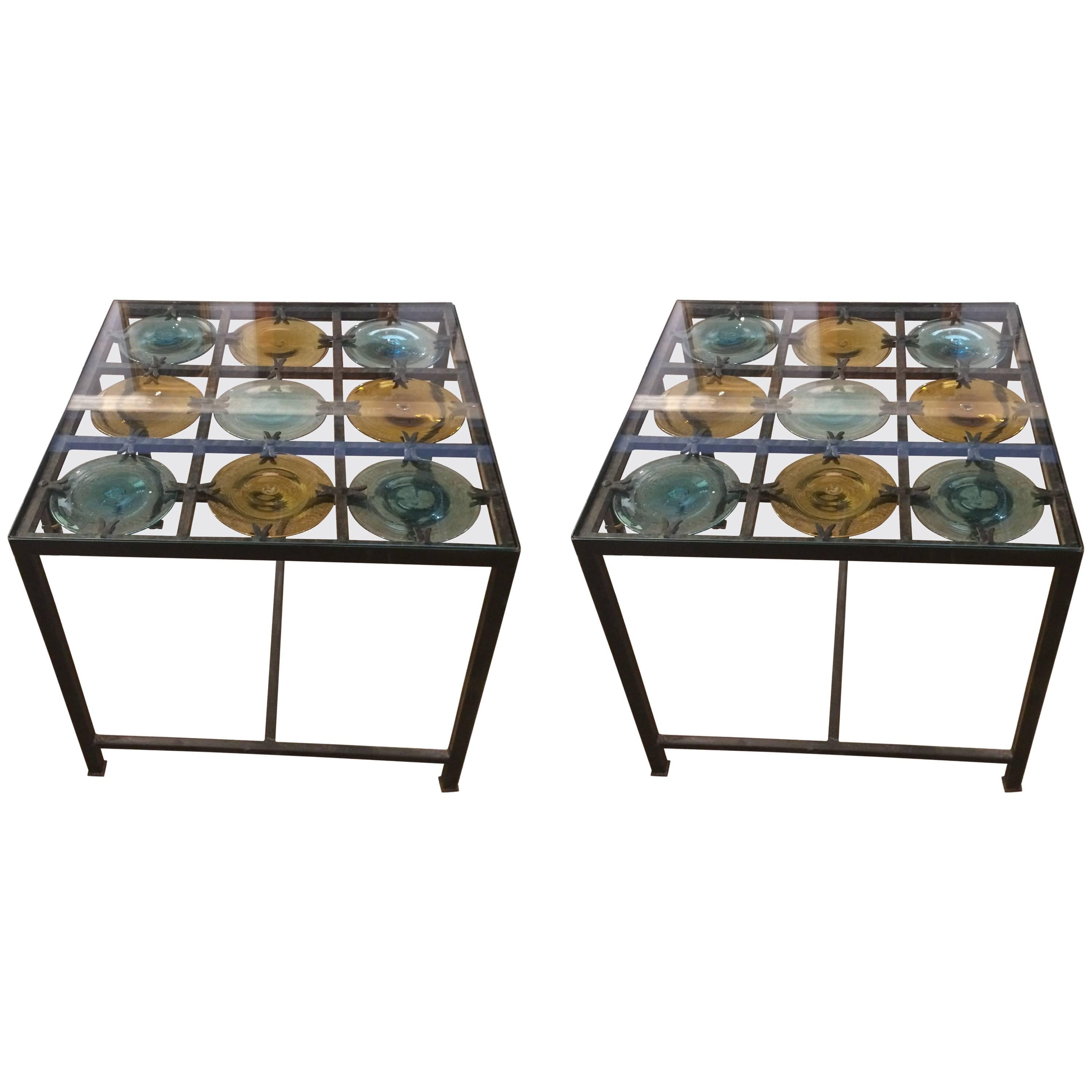 Sensational Pair of Spanish Side Tables with Handblown Glass Discs
