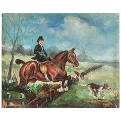 Equestrian Steeplechase with Hunting Hounds Petite Oil Painting