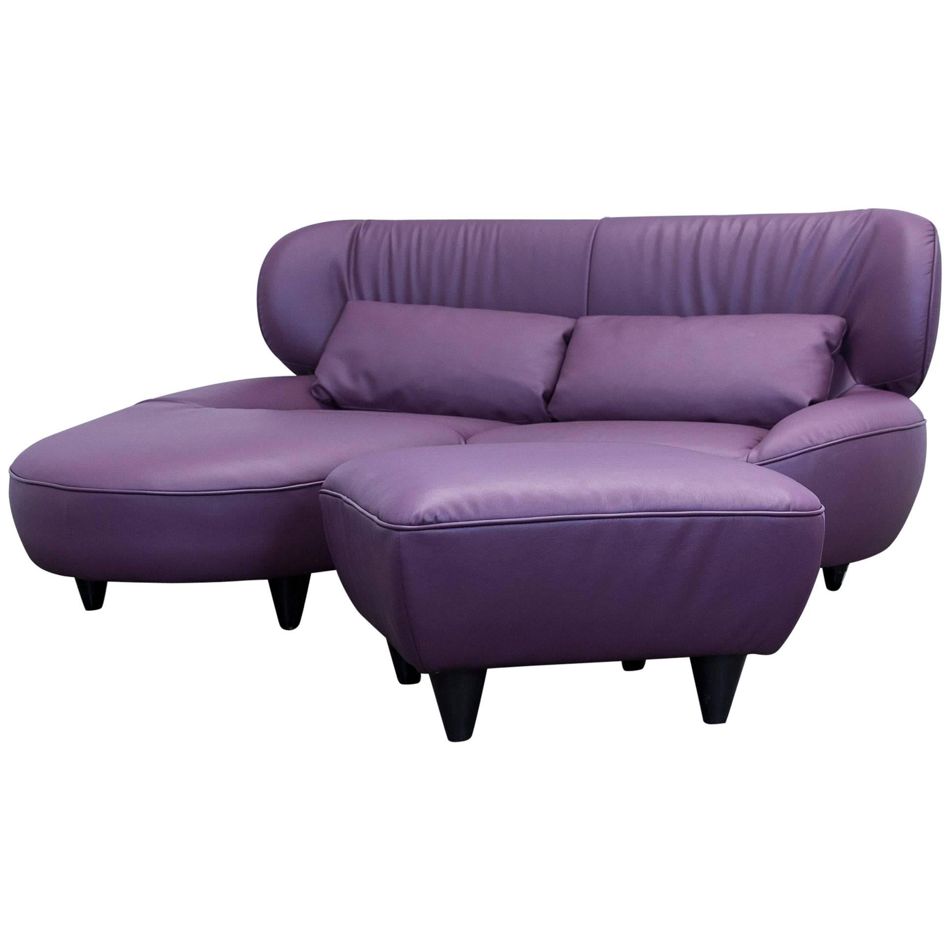 Designer Corner Sofa Set Footstool Lilac Two-Seat Couch Modern Faux Leather For Sale