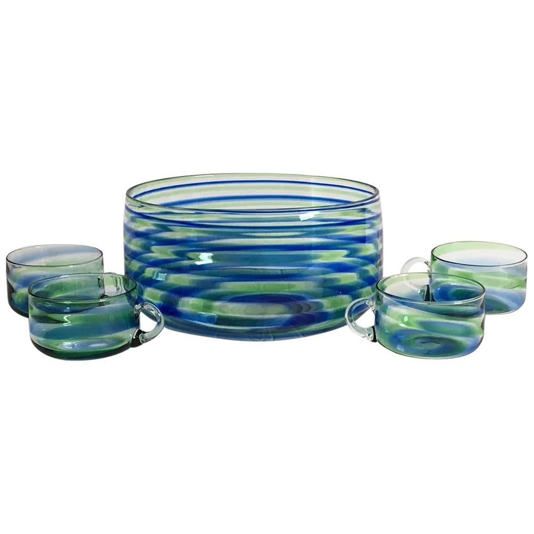 Midcentury Artisanal Glass Swirl Punch Bowl Set, Service for Four