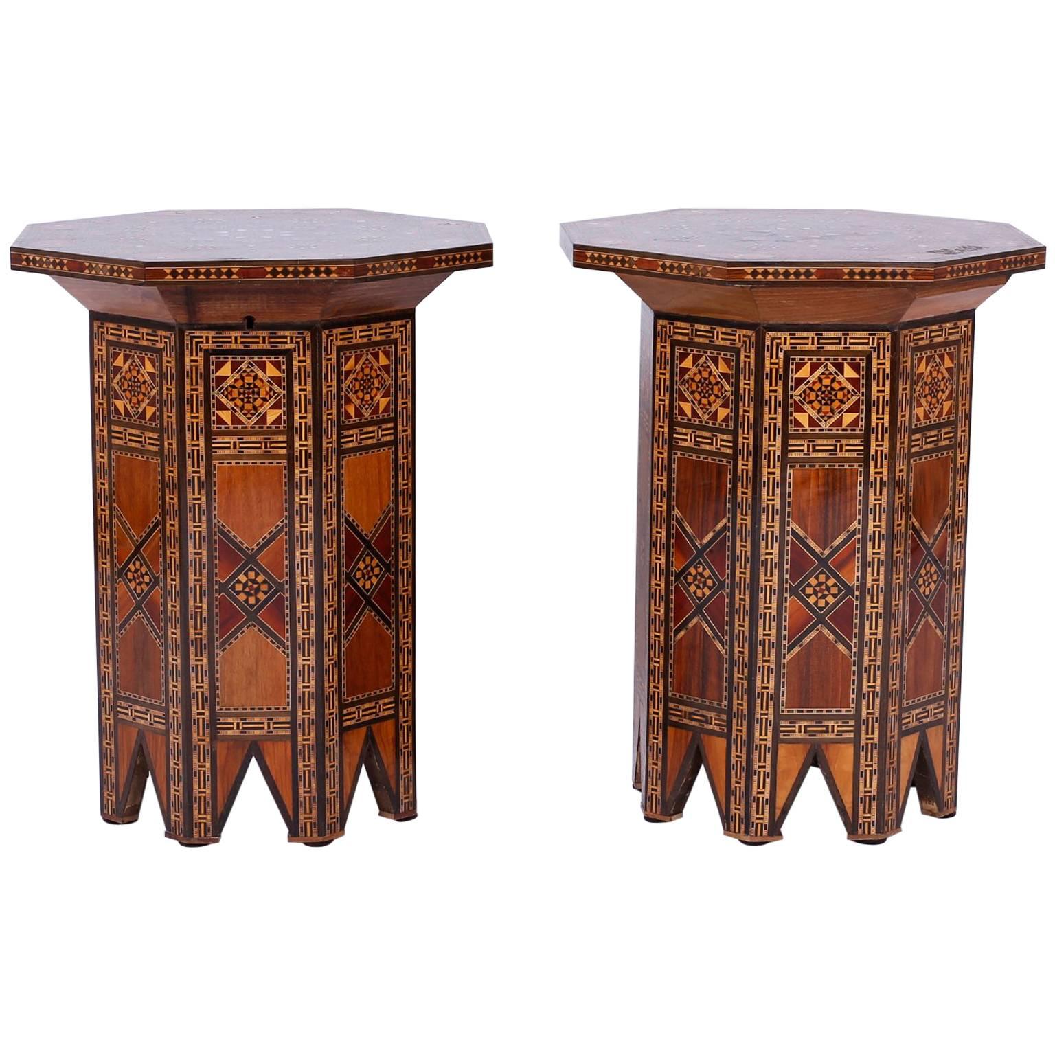 Exotic Pair of Syrian Mother-of-Pearl Inlaid Tables or Stands