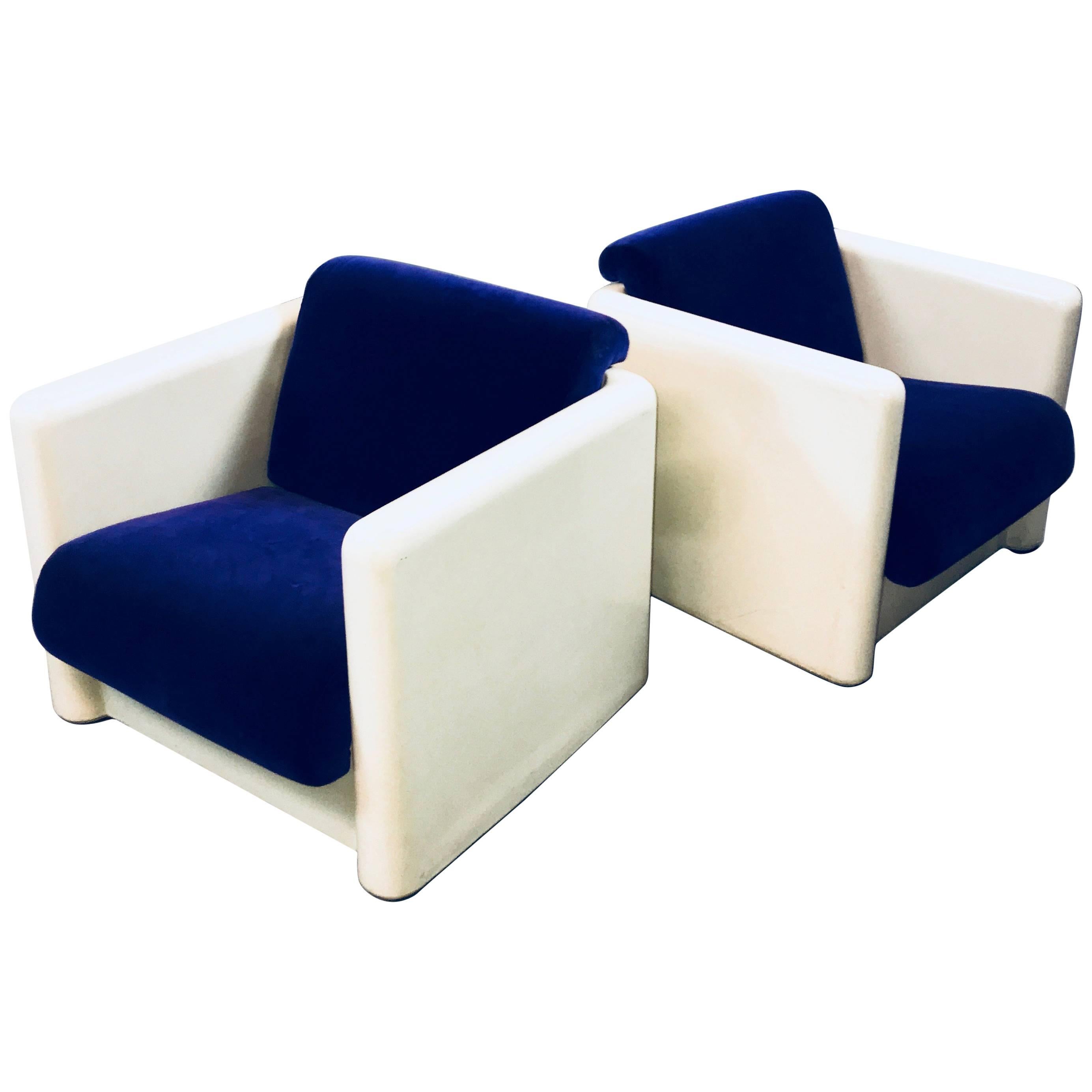 Modernist White Molded Fiberglass And Velvet Cube Club Chairs