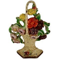 1930s Hubley Cast Iron White Basket of Petunias & Straw Flower Bouquet Doorstop