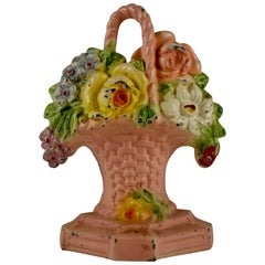 Retro 1930s Hubley Cast Iron Pink Basket of Roses and Phlox Floral Bouquet Doorstop