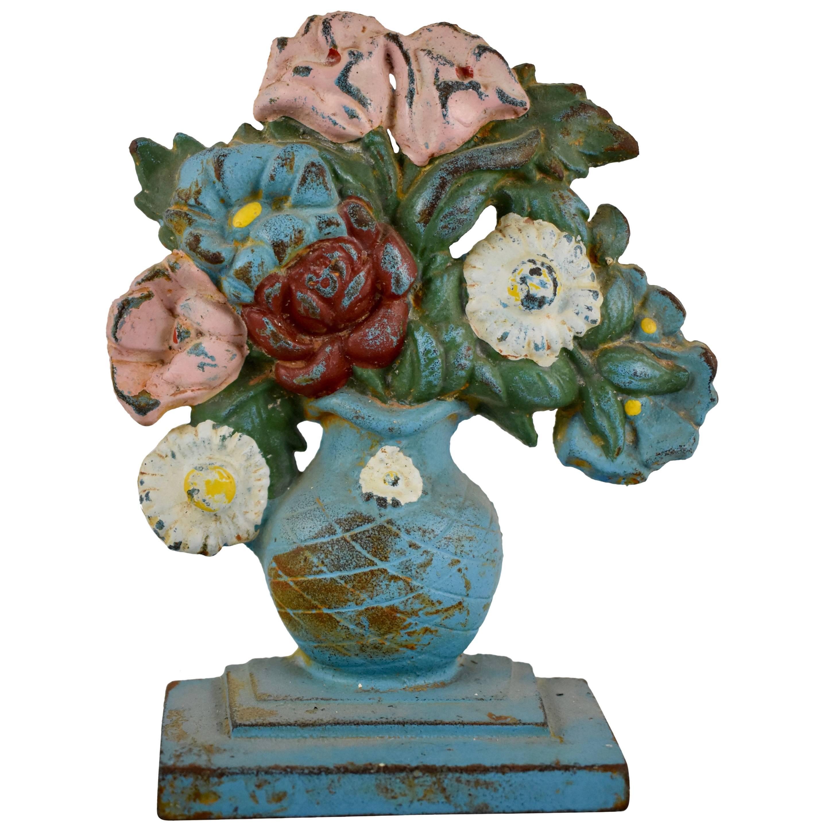 1930s Hubley Cast Iron Blue Urn of Roses and Daisies Floral Bouquet Doorstop