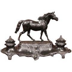 Large 19th Century French Patinated Spelter Inkwell with Horse