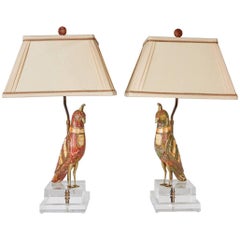 Pair of Brass and Dyed Bone Inlaid Bird Figures Now Mounted as Lamps