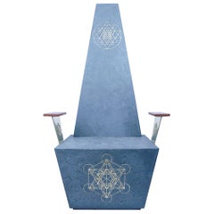 Concrete Throne Chair with Geometric Brass Inlays and Mahogany Armrests