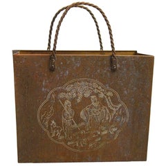 Vintage Italian Etched Brass Shopping Bag or Wastebasket