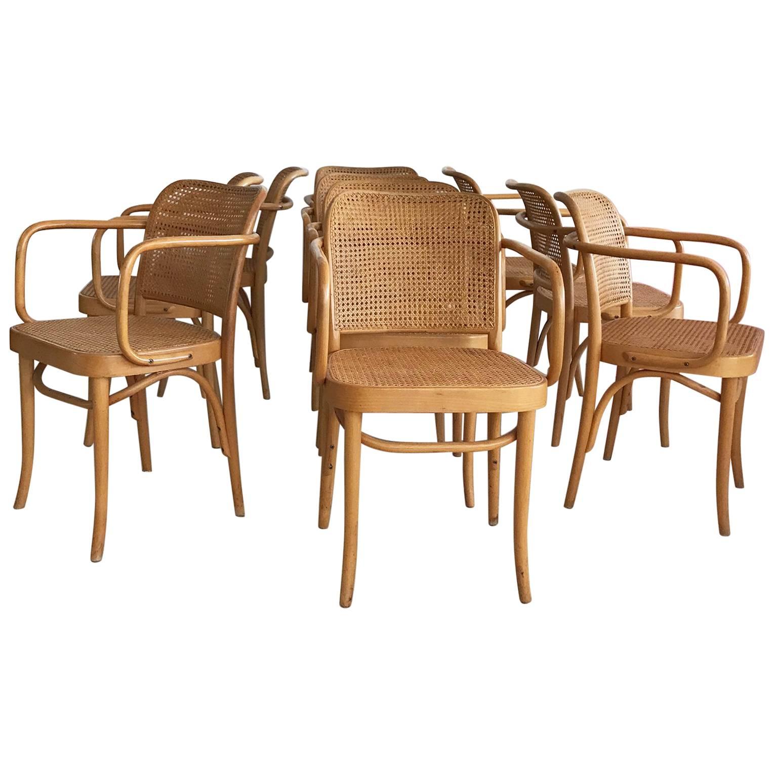 Midcentury Josef Hoffmann "Prague" 811 Cane and Bentwood Chairs Set of 10