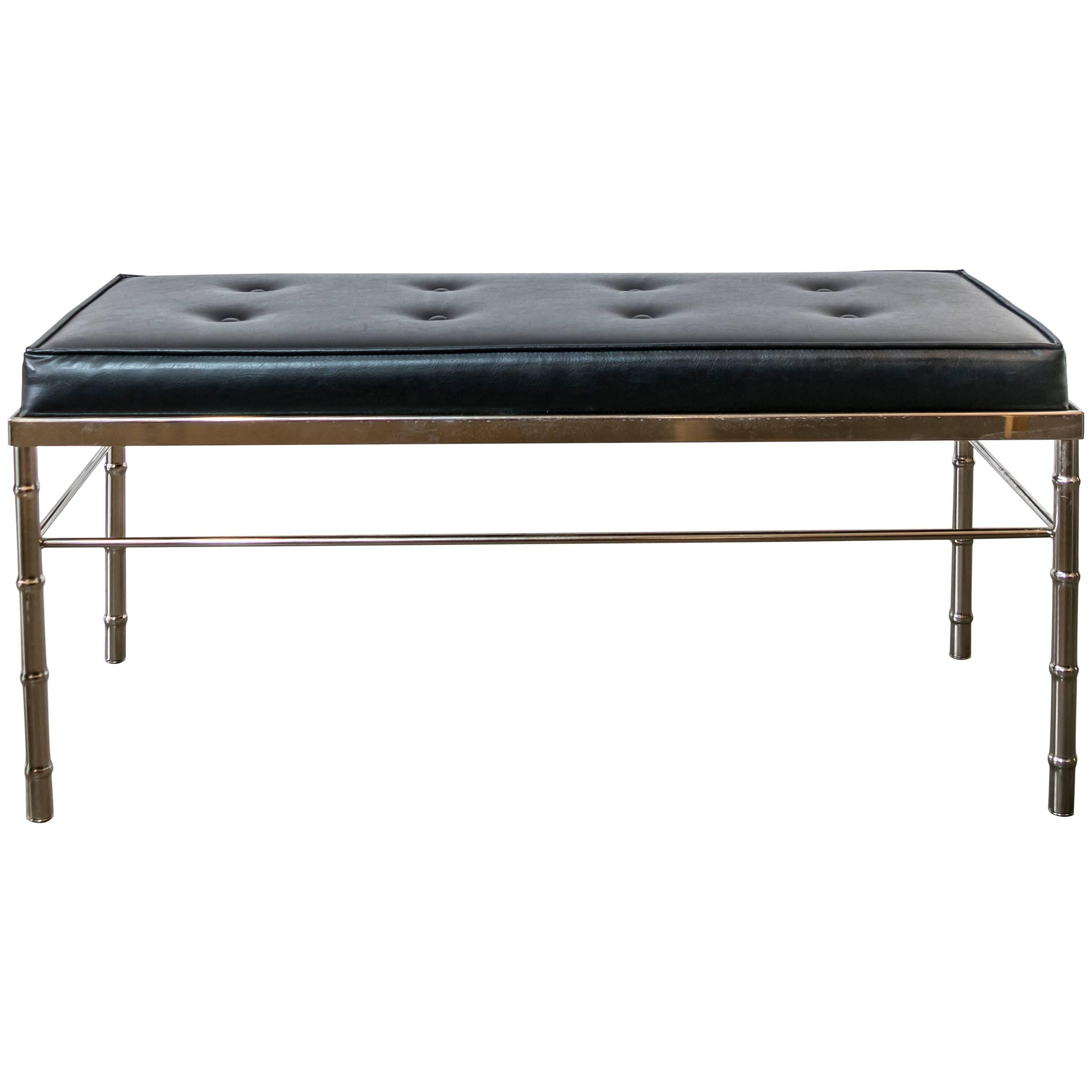 Faux Bamboo, Chrome and Black Tufted Leather Bench For Sale