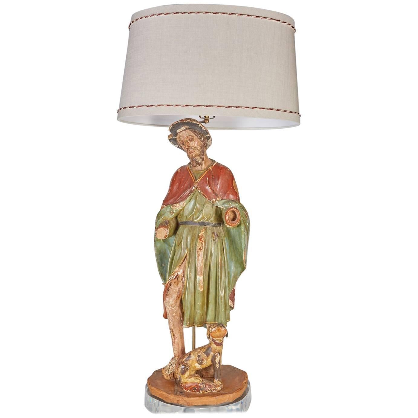 Large Antique Santos of St. Roche, Patron Saint of Dogs, Now Mounted as a Lamp