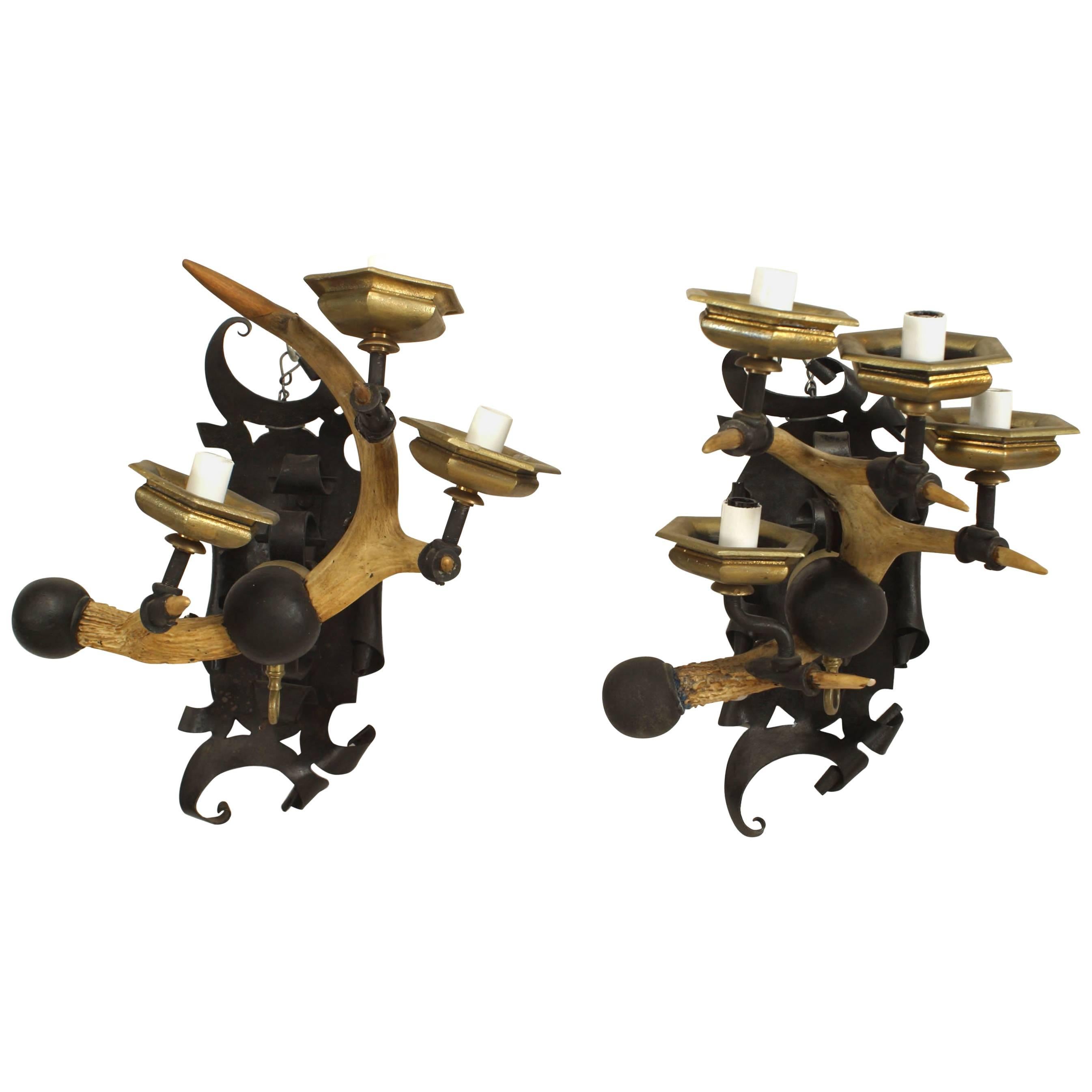 Pair of Rustic Horn Iron and Brass Wall Sconces