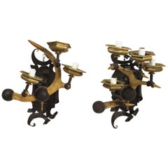 Pair of Rustic Horn Iron and Brass Wall Sconces