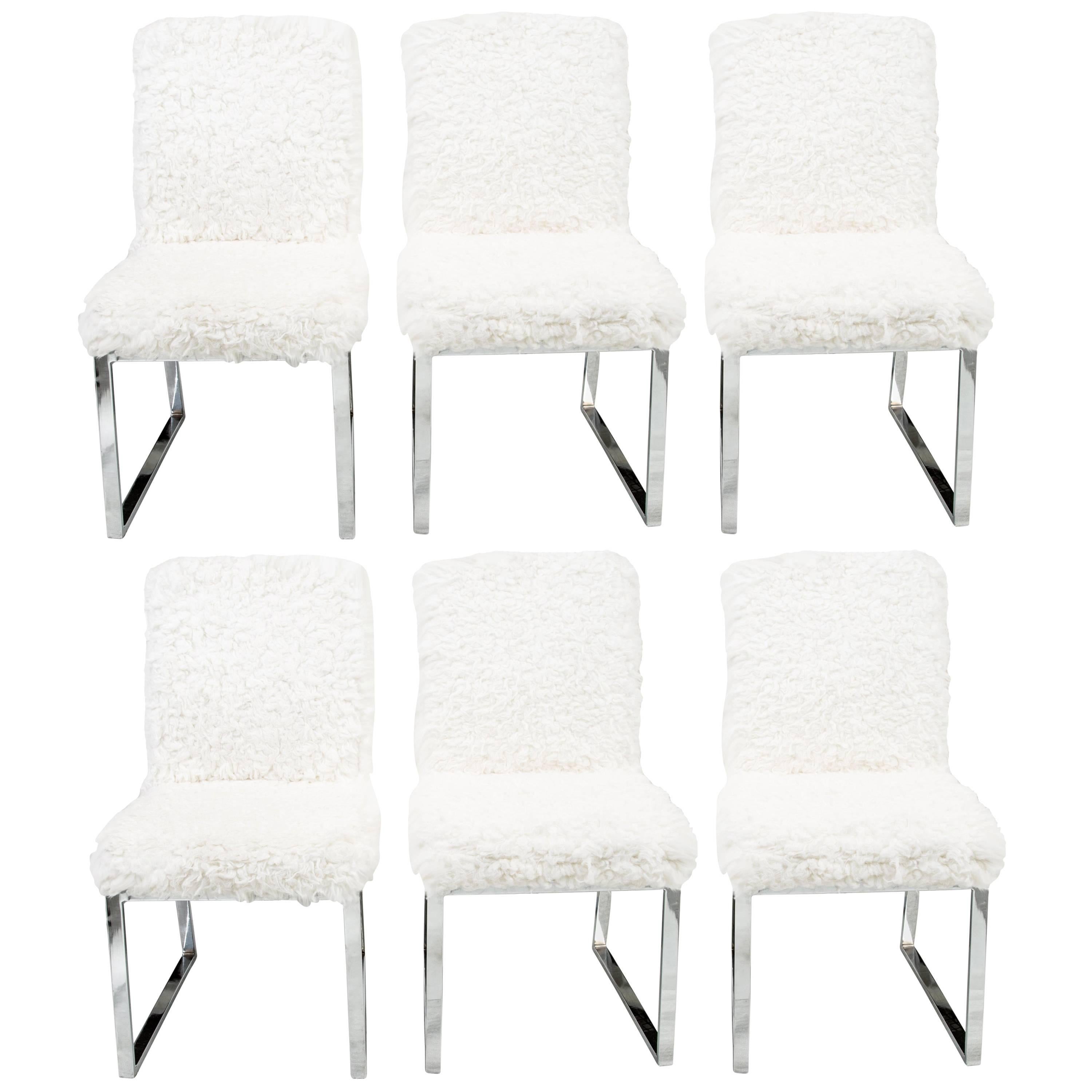 Set of Six Milo Baughman Faux Sheepskin and Chrome Dining Chairs