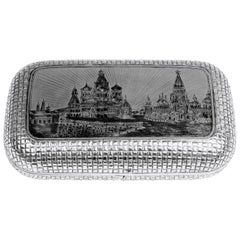 Used Silver 875 Russian Cigarette Case Etched Engraved Picture Moscow Kremlin, 1877