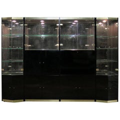 Black Laminate Glass Brass Modular Freestanding Wall Unit Display Cabinet