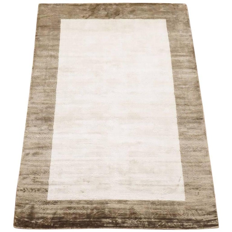Bordered Contemporary Bamboo Silk Rug with Sculptured Design For Sale