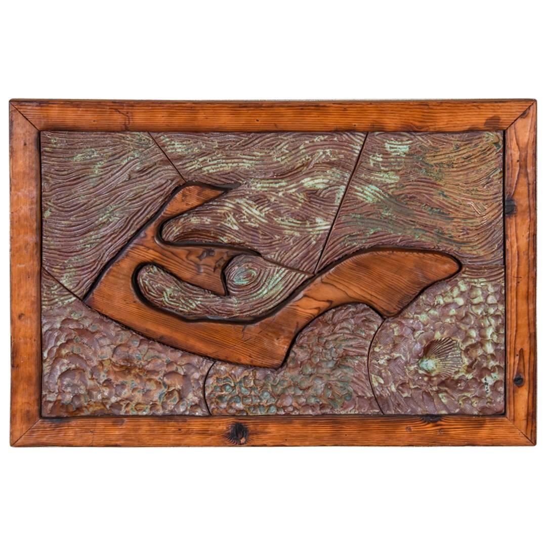 Carved Wood and Ceramic Art Piece For Sale