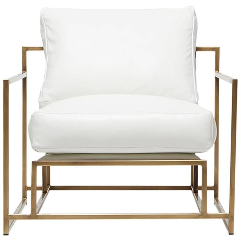 White Leather and Antique Brass Armchair For Sale