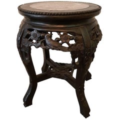 Retro 20th Century Chinese Hand-Carved Plant Stand with Marble Top