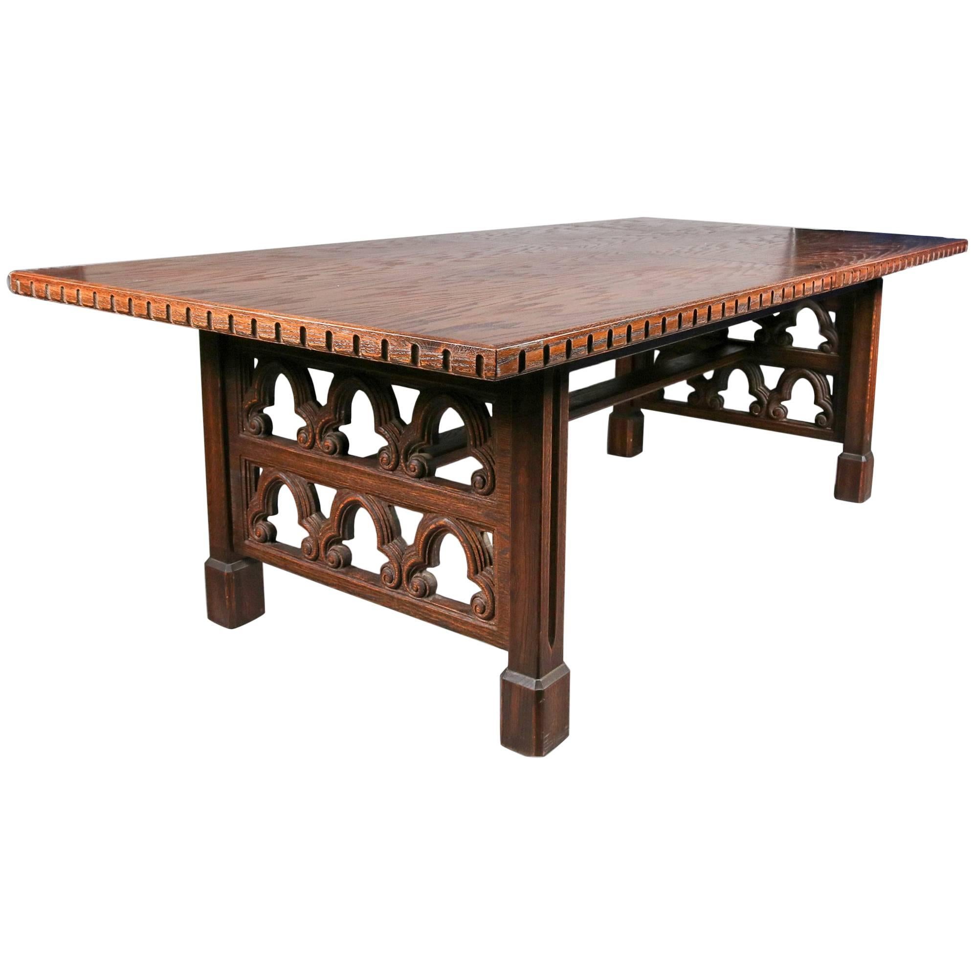 Antique English Carved Walnut Gothic Trestle Table With 2 Leaves, 19th Century
