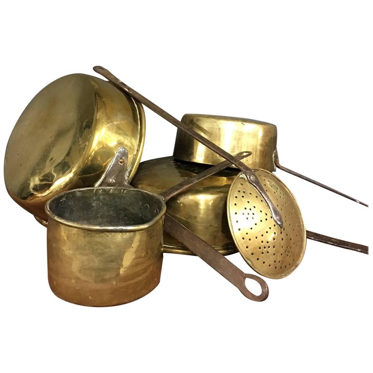 Antique Yellow Copper Pans, Set of Five For Sale