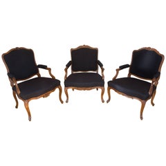 Set of Three French Carved Walnut Period Rococo Armchairs, Louis XV Black Fabric