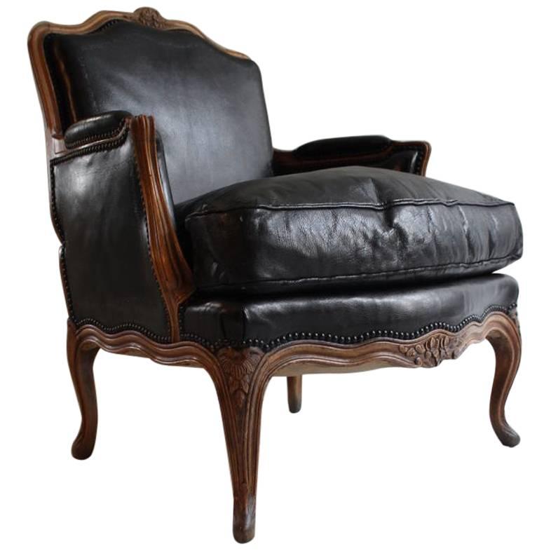 French Beech and Leather Bergere in the Louis XV Style, circa 1900