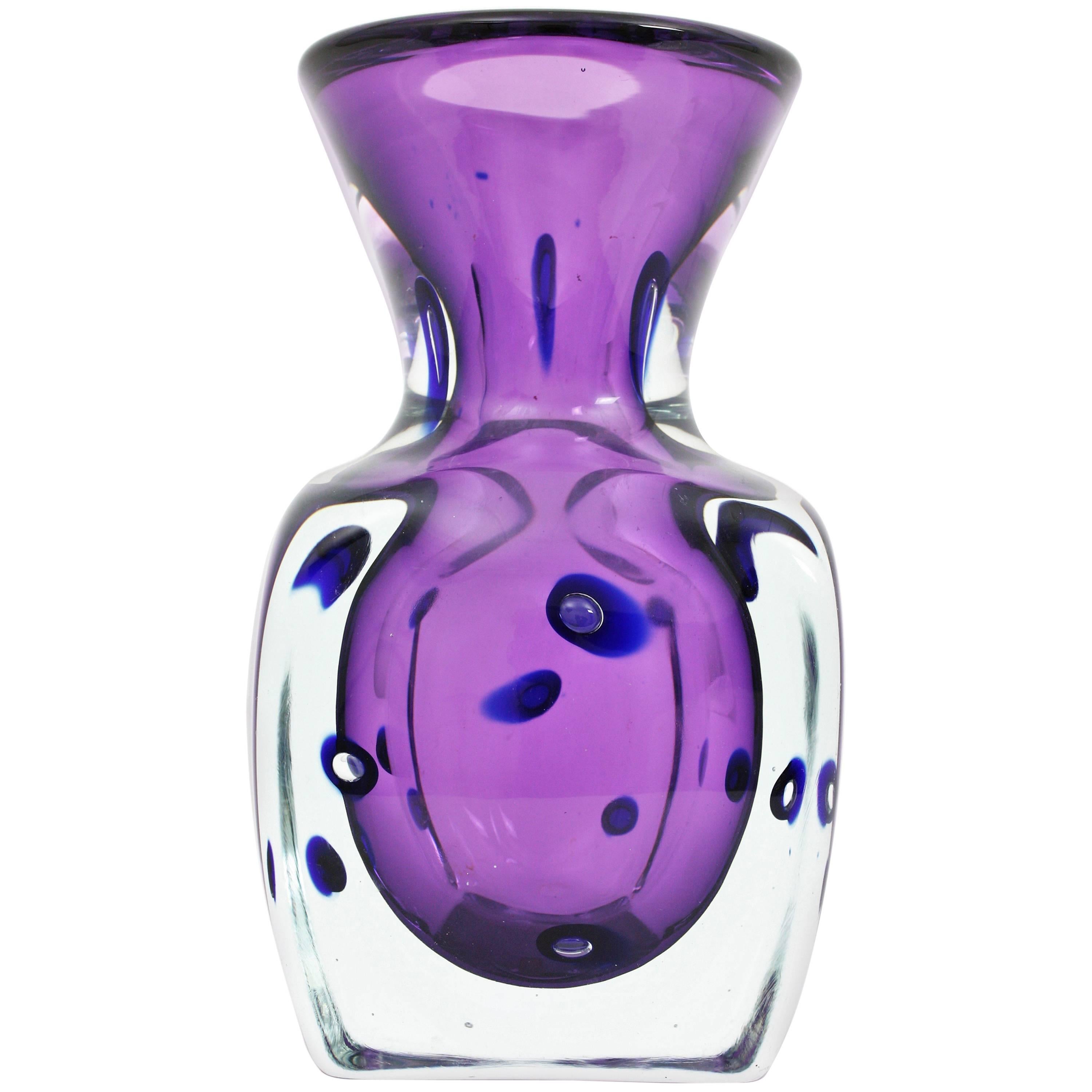 Archimede Seguso Occhi Purple & Blue Controlled Bubbles Art Glass Bottle Vase
