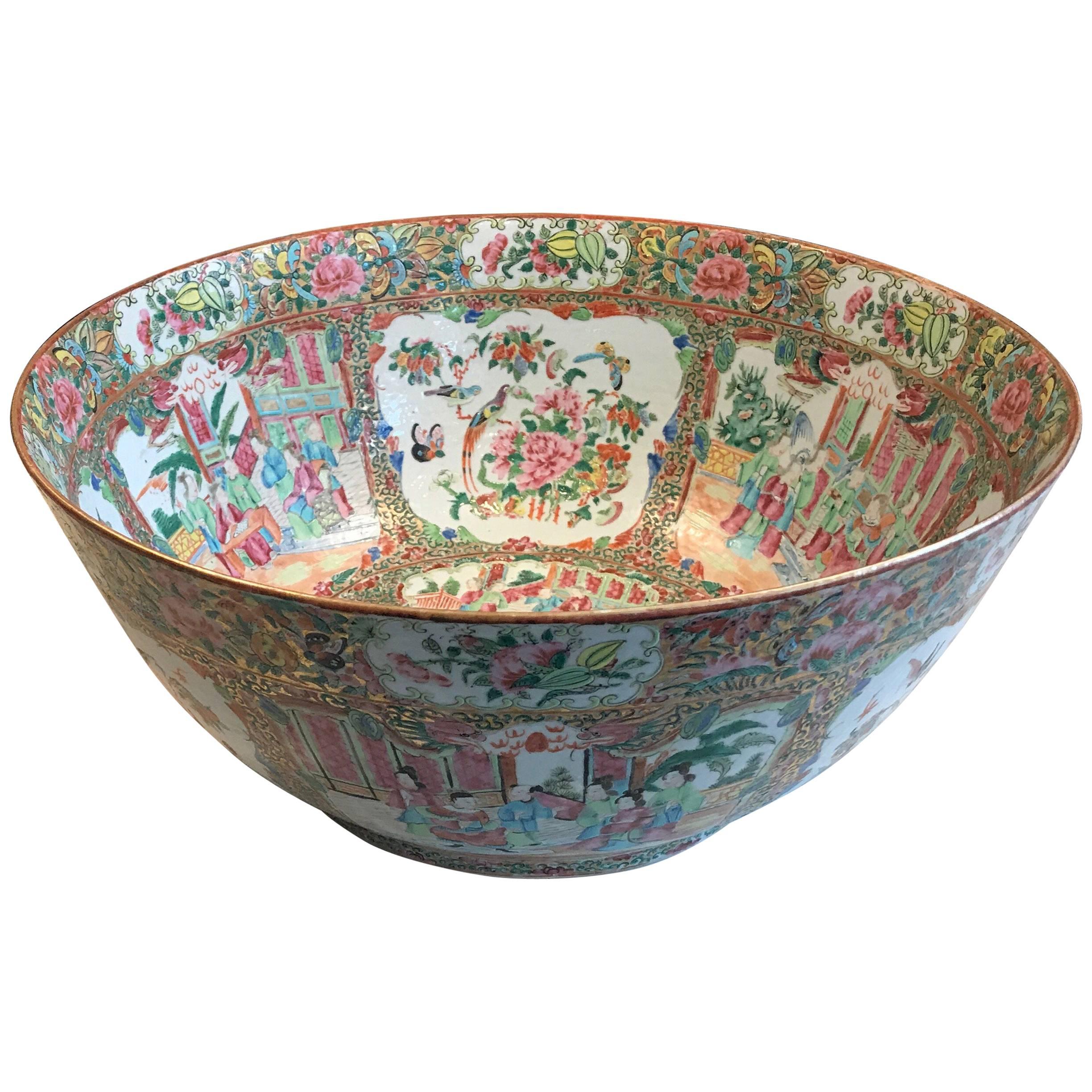 19th Century Chinese Export Rose Medallion Punch Bowl