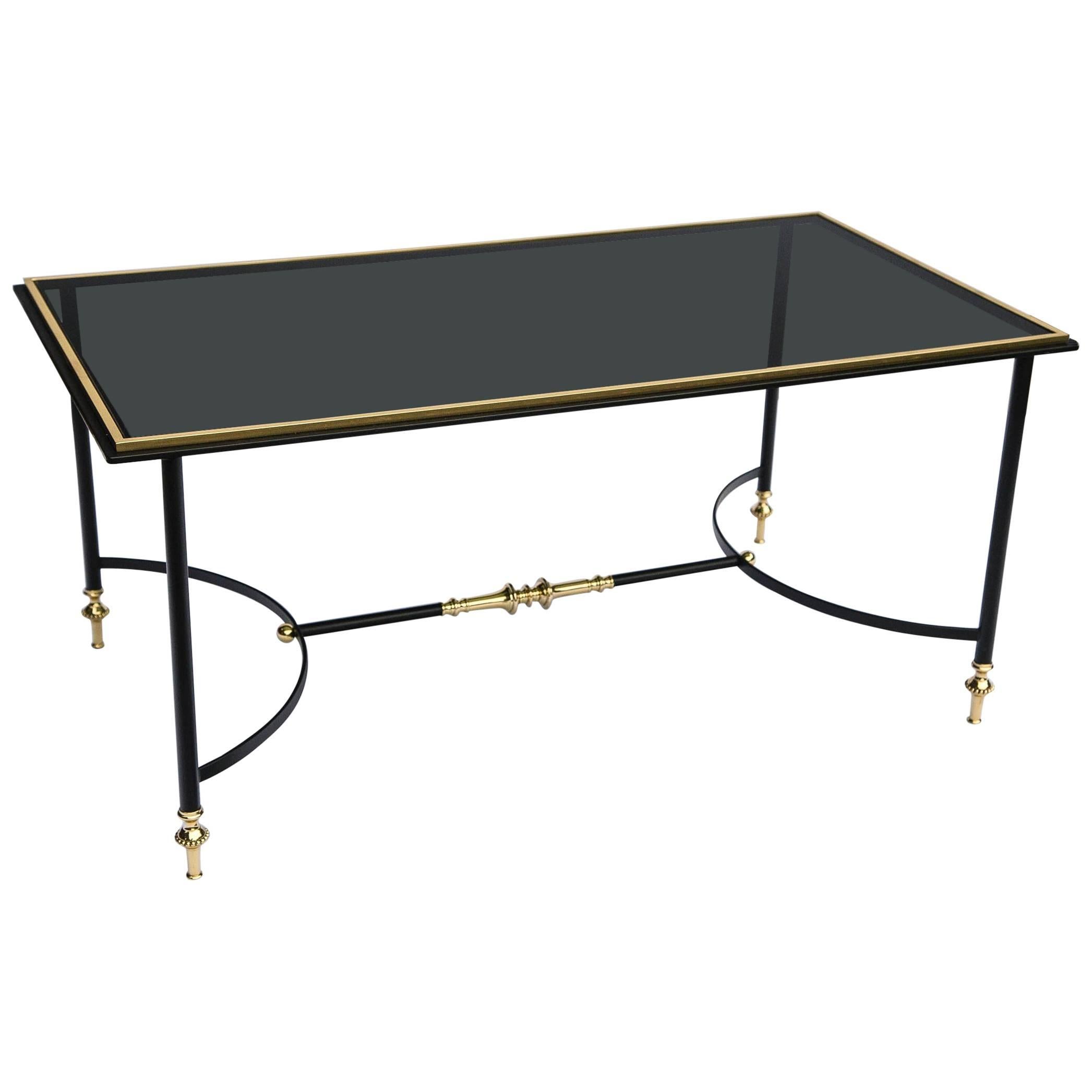 Bronze and Iron Coffee Table with Black Glass Top For Sale